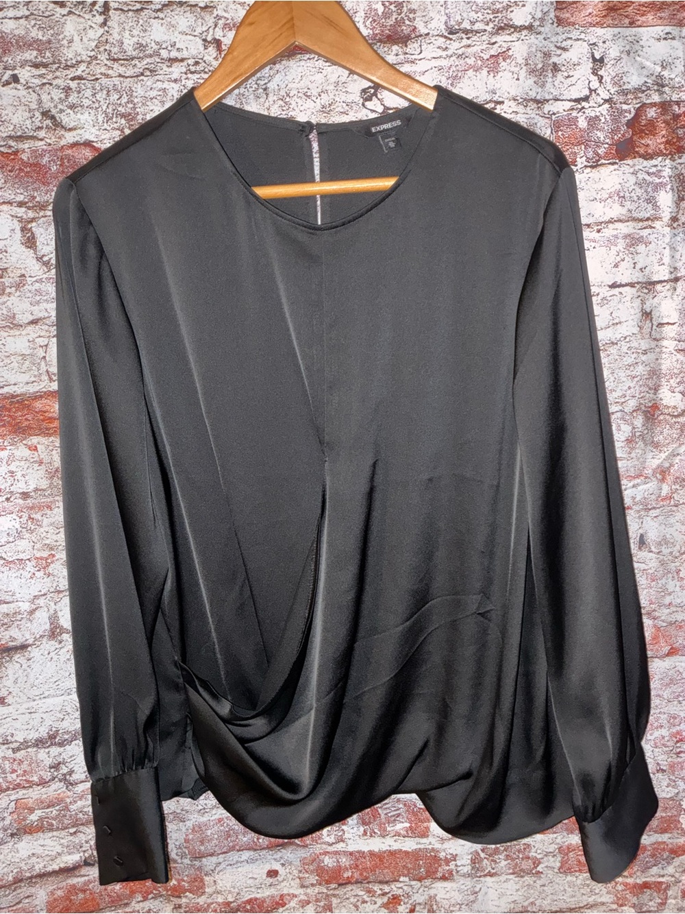 Express Black Satin Draped Long-Sleeve Blouse